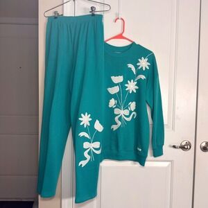 Palm Club Vintage Teal Floral Embroidered Sweatshirt Sweatpants Set Medium